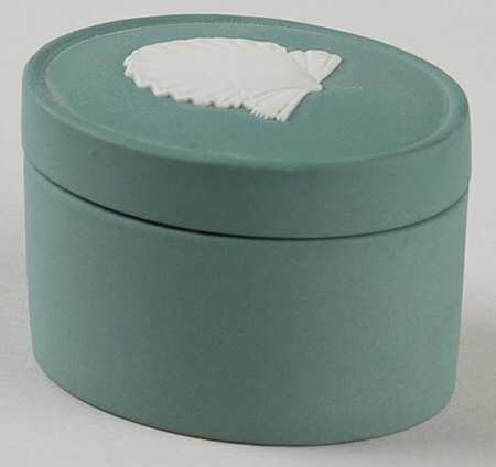 Cream Color on Teal Jasperware Oval Box & Lid