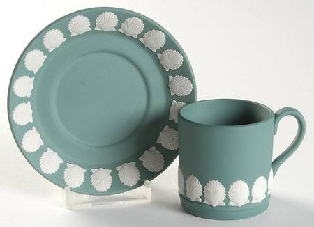 Cream Color on Teal Jasperware Flat Demitasse Cup & Saucer Set