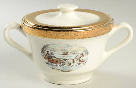 Currier & Ives Sugar Bowl & Lid by Wint-O-Gold
