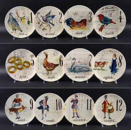 12 Days of Christmas (Black Numbers, Rim Shape) Salad/Dessert Plate Boxed - Set of 12 Motifs
