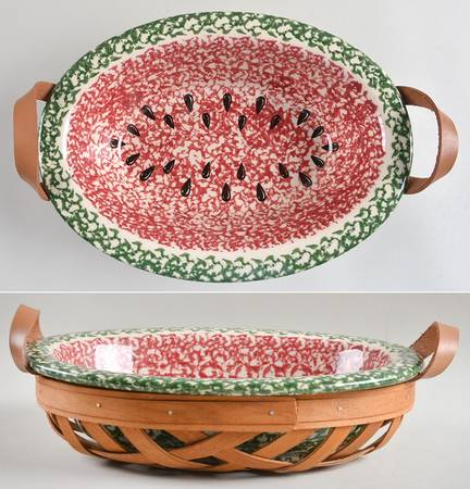 Green Sponge 12" Oval Vegetabe Bowl & Wood Basket