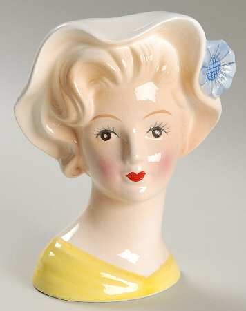 Brinn's Head Vases Lady W/ Blue Flower & Yellow  Dress - No Box