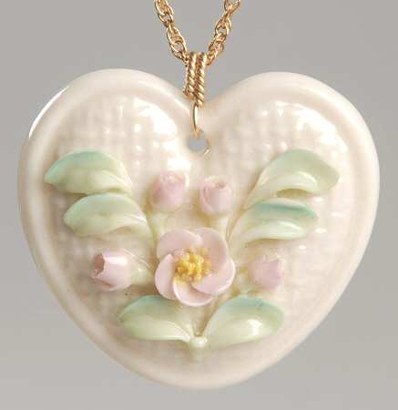 Belleek Jewelry Heart Pendant With Flowers - No Box