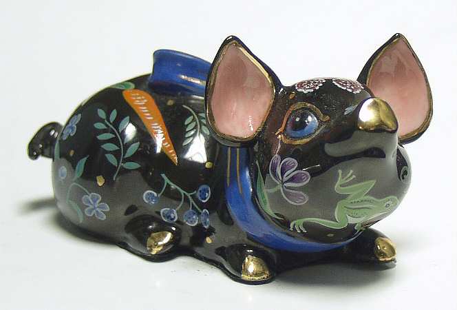 Lynn Chase Figurines & Giftware Black Pig With Blue Bow - Boxed