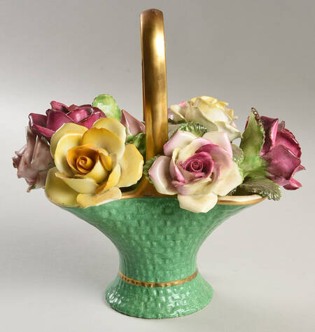 Crown Staffordshire Florals Green Basket Of Roses - No Box