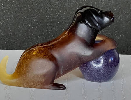 Daum Figurines Puppy With Ball-Amber/Blue - Boxed