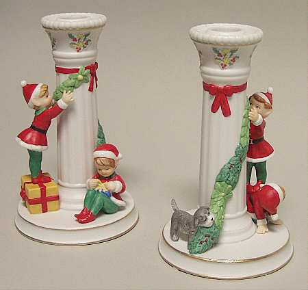 Christmas Candlesticks Santas Elves-Candlestick-Pair - No Box