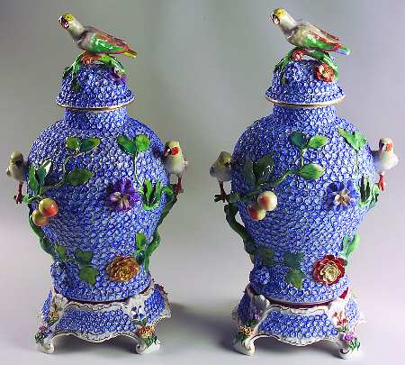 Saxonian Dresden Figurines Birds & Flowers Urn Pair With Lids - No Box