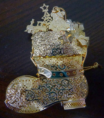 2015 Gold Christmas Ornament Collection Santa's Boot - No Box