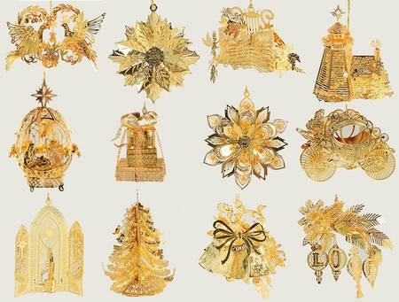 2008 Gold Christmas Ornament Coll Boxed Set Of 12 - Boxed