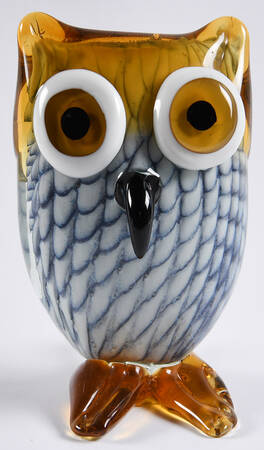 Art Glass Figurines Owl-Amber Head & Feet Blue Net - No Box
