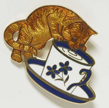 Fine Enamels Jewelry Cat & Cup-Ginger - Boxed