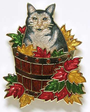 Fine Enamels Jewelry Cat In Basket Of Leaves-Gray - Boxed