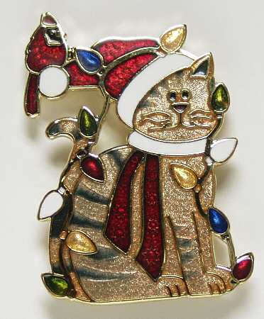 Fine Enamels Jewelry Cat & Christmas Lights-Gray - Boxed
