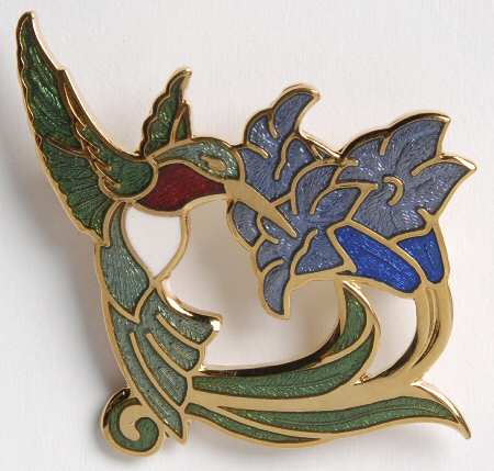 Fine Enamels Jewelry Hummingbird & Blue Flowers - No Box