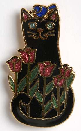 Fine Enamels Jewelry Cat With Flowers-Black - No Box