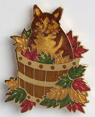 Fine Enamels Jewelry Cat In Basket Of Leaves-Ginger - No Box