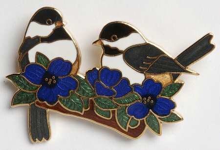 Fine Enamels Jewelry Chickadees With Blue Flowers - No Box