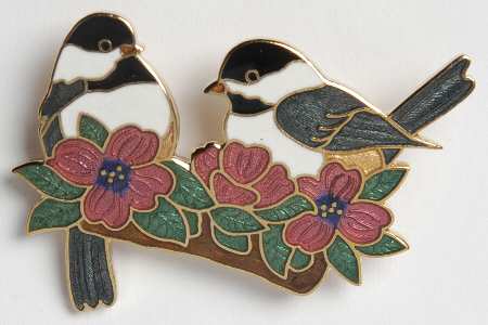 Fine Enamels Jewelry Chickadees With Pink Flowers - No Box