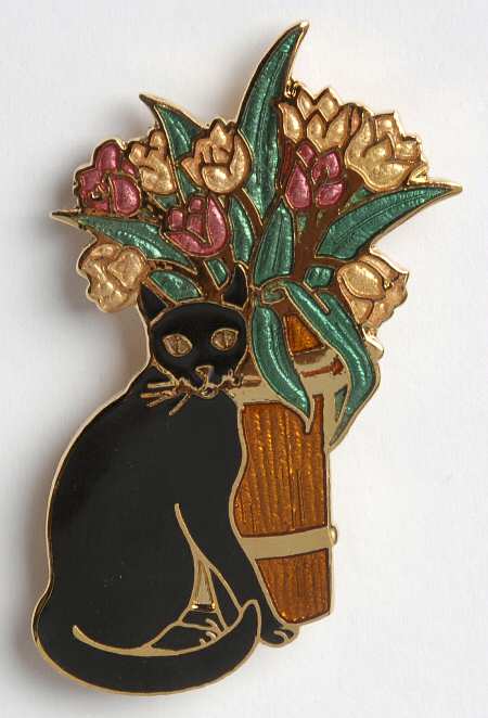 Fine Enamels Jewelry Siamese Cat With Flowers-Brown - No Box