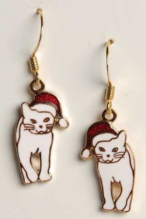Fine Enamels Jewelry White Cat In Santa Hat - No Box