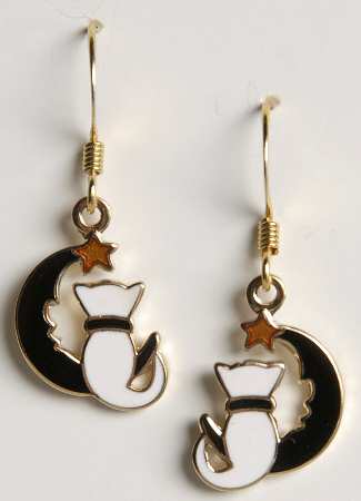 Fine Enamels Jewelry White Cat On Moon - No Box