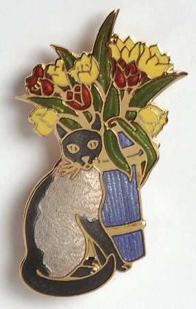 Fine Enamels Jewelry Siamese Cat With Flowers-Blue - No Box