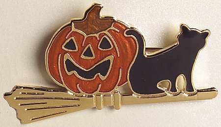 Fine Enamels Jewelry Pumpkin & Cat On Broom - No Box