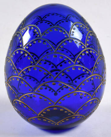 Faberge Style Crystal Egg Blue Gold Fish Scales Dots - No Box