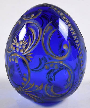 Faberge Style Crystal Egg Blue Gold Scrolls Flowers Dots - No Box