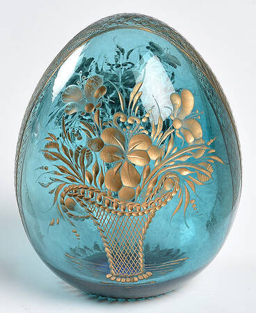 Faberge Style Crystal Egg Teal Flower Basket - Boxed