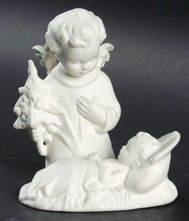 All White Figurines Angel With Tree & Baby Jesus-Matte - No Box