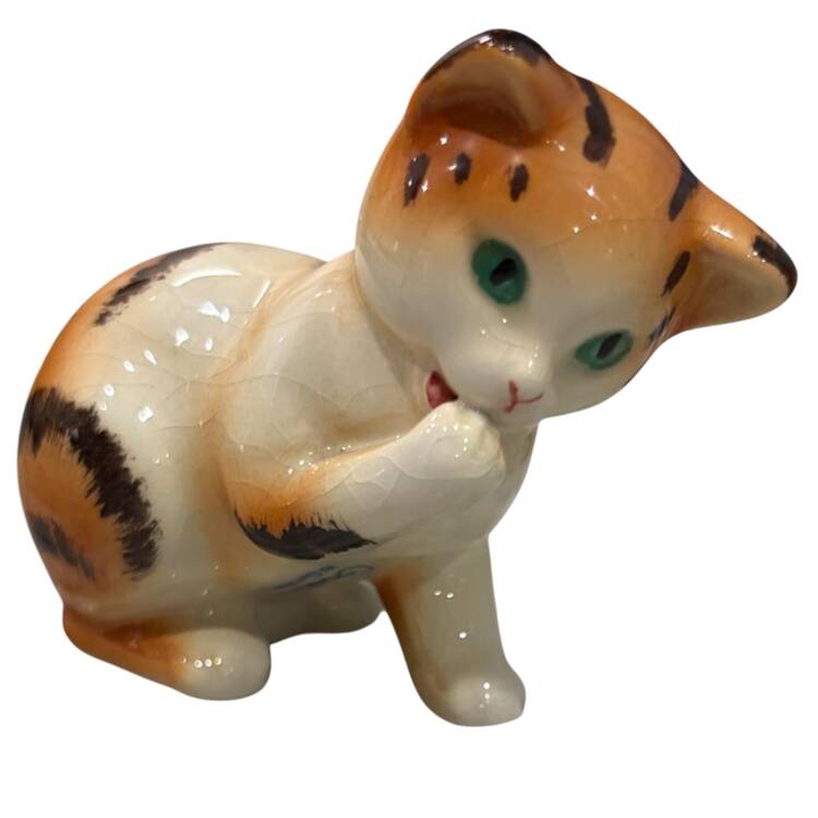 Animals-Figurines Orange Stripe Cat-Licking Paw - No Box