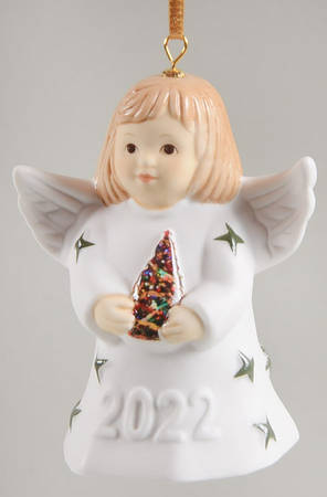 Angel Bell Ornament Angel With Tree - Green Stars - With Box 47e