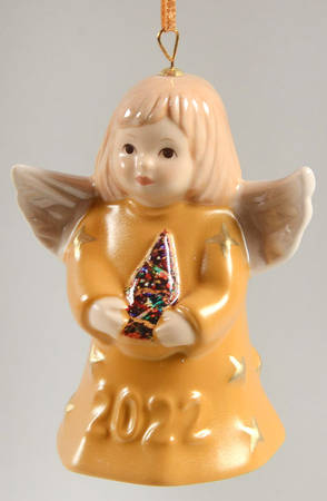 Angel Bell Ornament Angel With Tree - Yellow Gold - No Box 47b