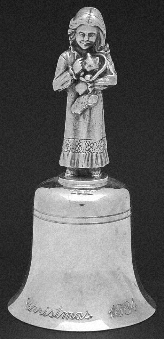 Gorham Christmas Bell Girl Holding Cat In Stocking - Boxed
