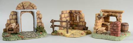 Berta Hummel Miniature Nativity 3pc Building Set-Corral;Bakery;City Gate - Boxed