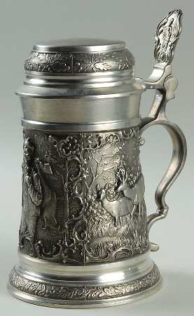 German Beer Steins Pewter Hunting Scene Stein - No Box