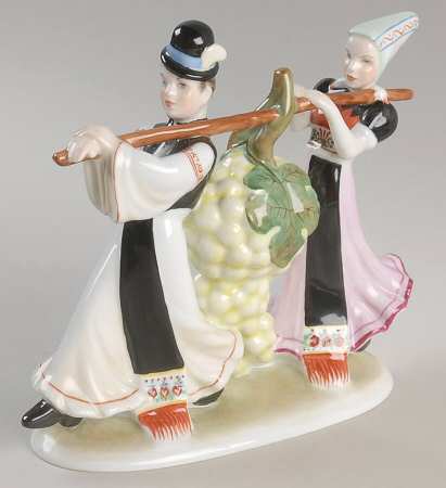 Traditional Hungarian People Man And Woman Carrying Grapes - No Box