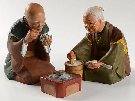 Hakata Urasaki Figurine Elderly Couple Eating-Set Of 3 - No Box