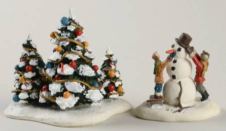 Christmas Village Accessories Snowman & Tree Set Of 2 - Boxed