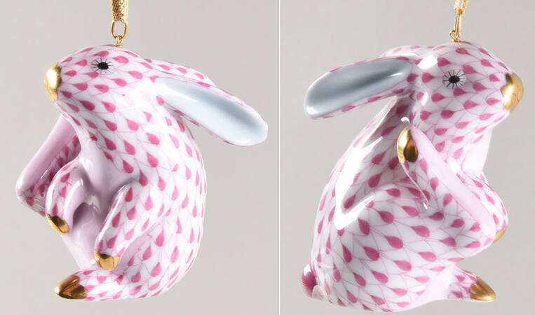 Herend Ornaments-Bells Bunny-Raspberry/Blue Ears - No Box