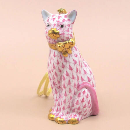 Herend Ornaments-Bells Cat With Bow-Raspberry - No Box