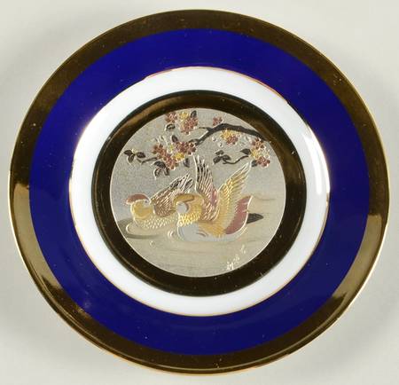 Chokin Art Two Mandarin Ducks-Blue Rim - No Box