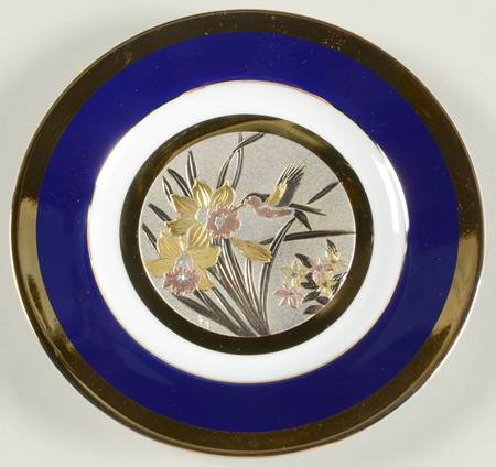Chokin Art Hummingbird & Flowers-Blue Rim - No Box