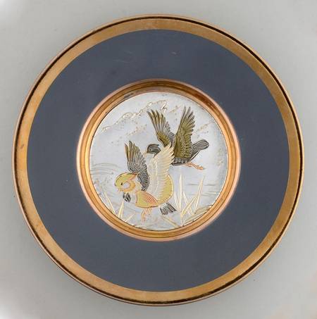 Chokin Art Mandarin Duck Pair Flying-Grey Border - No Box