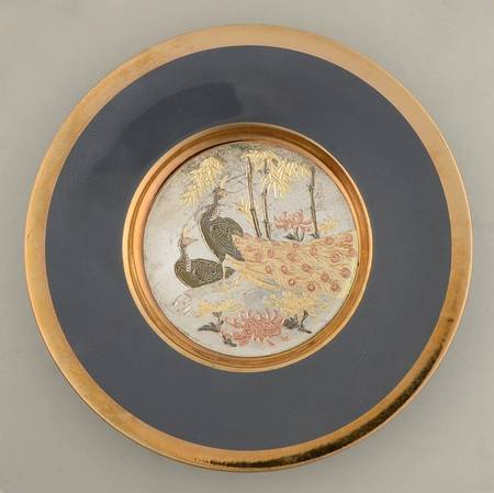 Chokin Art Peacock Pair With Bamboo-Grey Border - No Box
