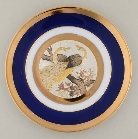 Chokin Art Peacock Pair On Branch-Blue Border - No Box