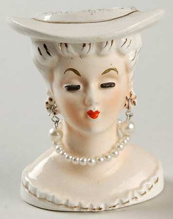 Head Vases Lady Sm Pierced Ears White Dre - No Box