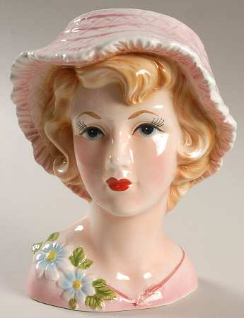 Head Vases Lady Pink Floppy Brim Floral  - No Box